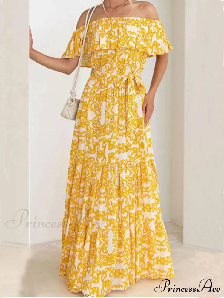 One-Shoulder Short-Sleeve Printed Charming Ruffle Maxi Dress