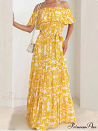 One-Shoulder Short-Sleeve Printed Charming Ruffle Maxi Dress
