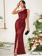 One-Shoulder Slit Sequin Party Dress