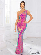 One-Shoulder Stretch Sequined Party Dress