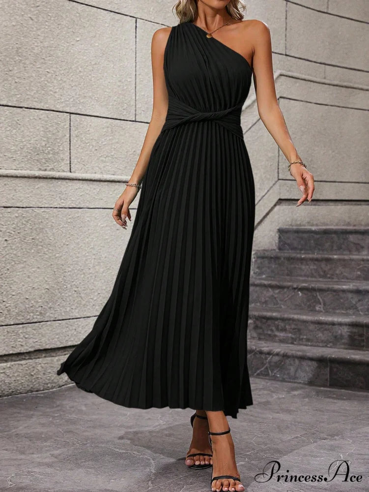 One Shoulder Twist Front Pleated Hem Dress