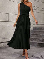 One Shoulder Twist Front Pleated Hem Dress