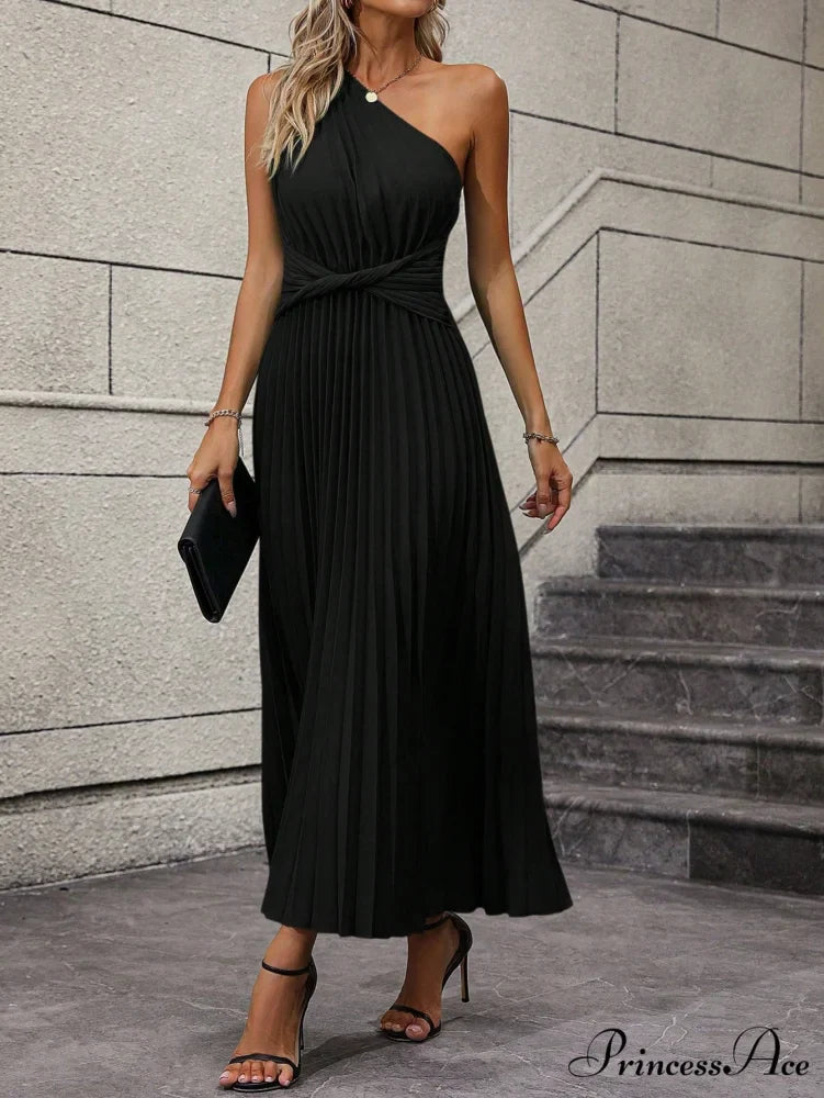One Shoulder Twist Front Pleated Hem Dress