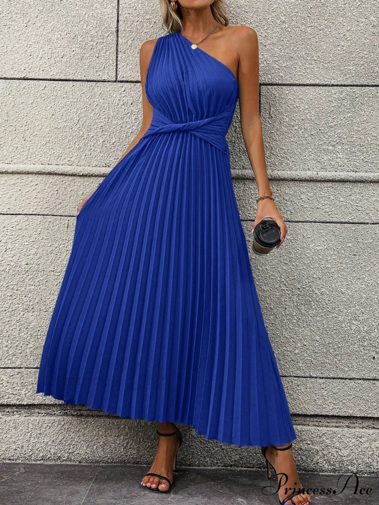 One Shoulder Twist Front Pleated Hem Dress