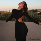 Open Back Ruched Sexy Birthday Long Sleeve Maxi Dress