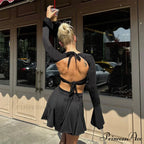 Open Bandage Co-ord Flare Sleeve A-Line Pleated Mini Dress