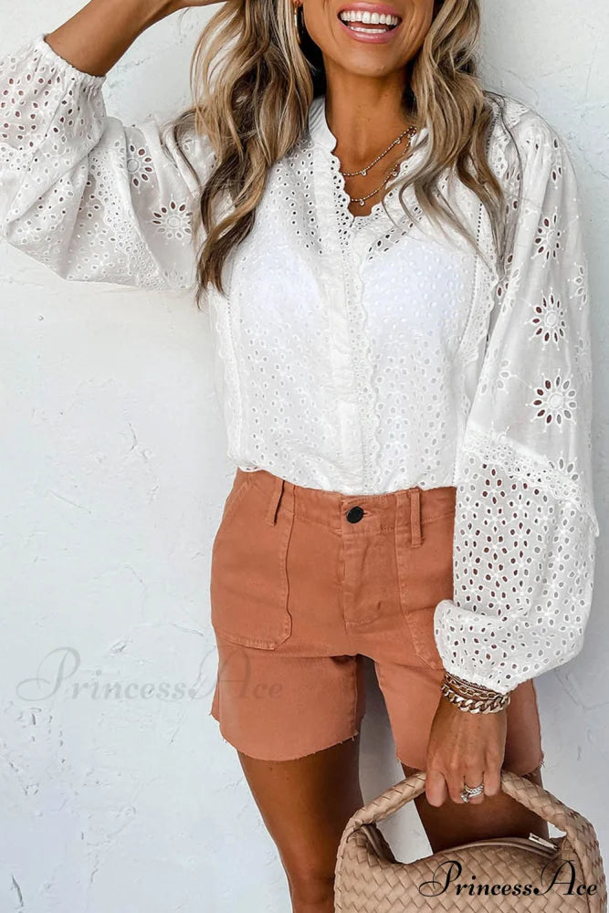 Openwork Long V-Neck Arm Blouse
