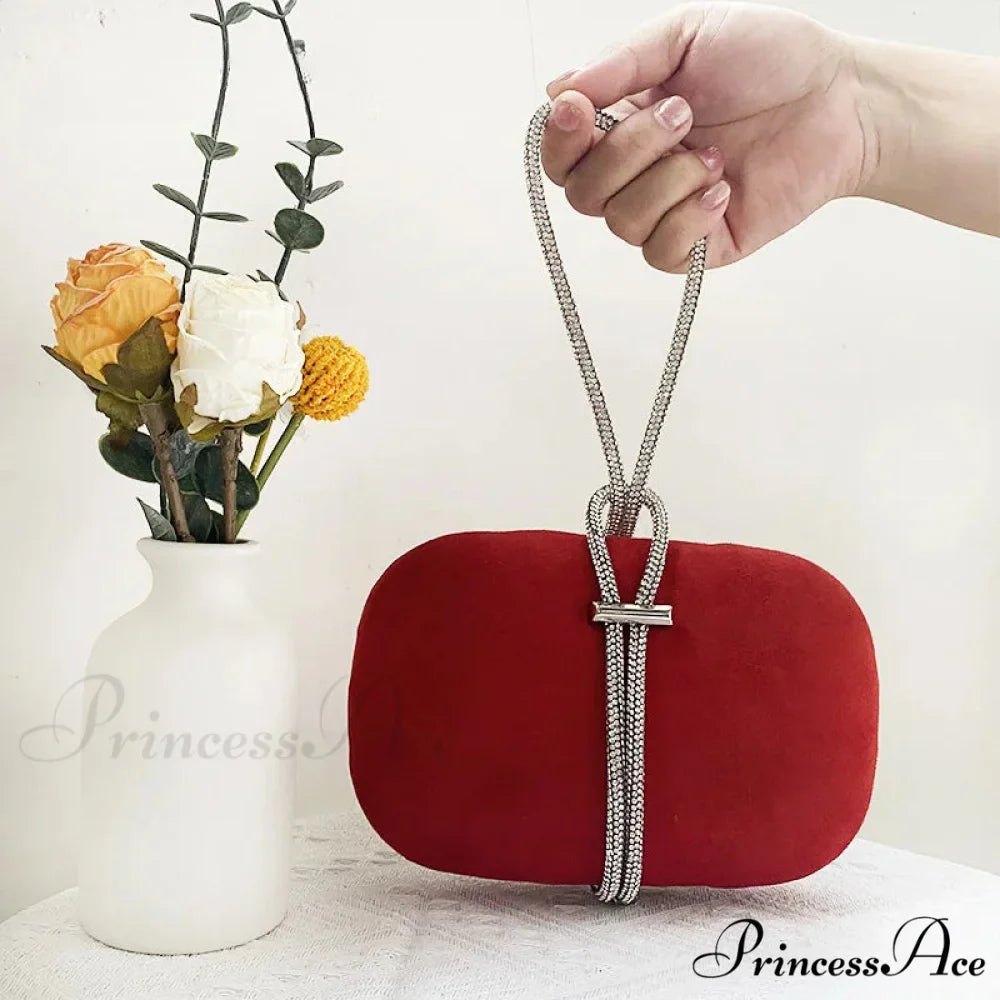 Opulent Crimson Velvet Gem Handle Evening Wedding Tote Handbag