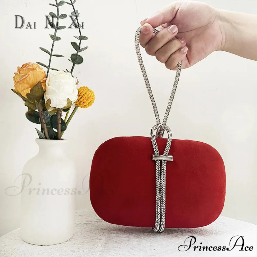 Opulent Crimson Velvet Gem Handle Evening Wedding Tote Handbag