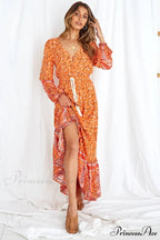 Orange Flowery Pattern Stretchy Waist Rayon Cotton Long Boho Dress