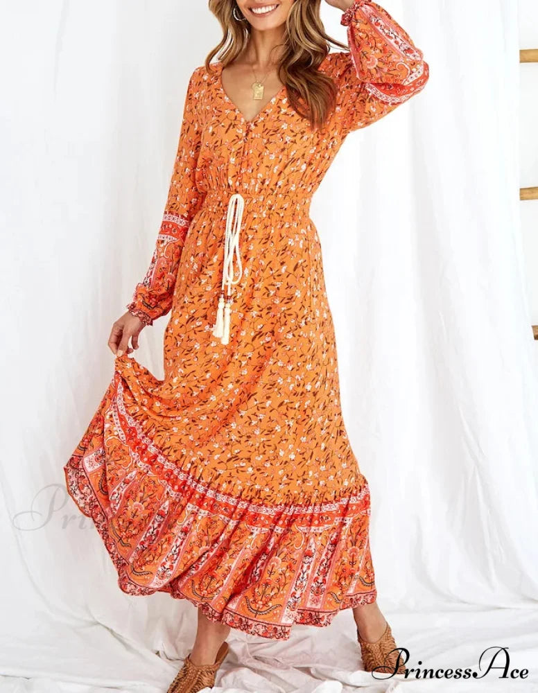 Orange Flowery Pattern Stretchy Waist Rayon Cotton Long Boho Dress