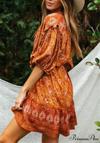 Orange Flowery Print Lantern Sleeve Fringe Rayon Mini Boho Dress