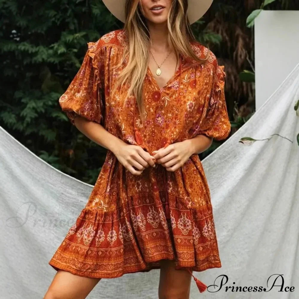 Orange Flowery Print Lantern Sleeve Fringe Rayon Mini Boho Dress