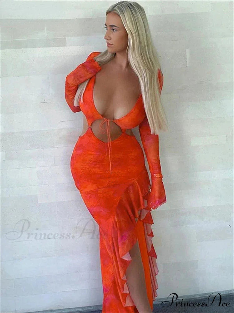 Orange Ruffles Cut Out Long Maxi Dress