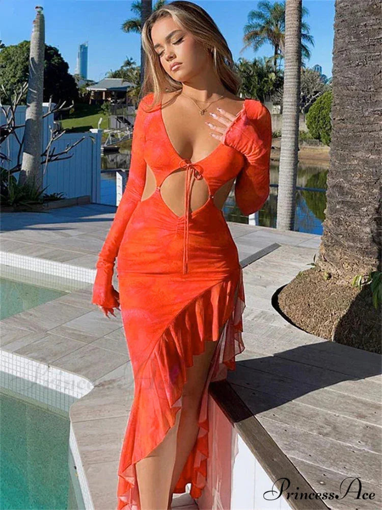 Orange Ruffles Cut Out Long Maxi Dress