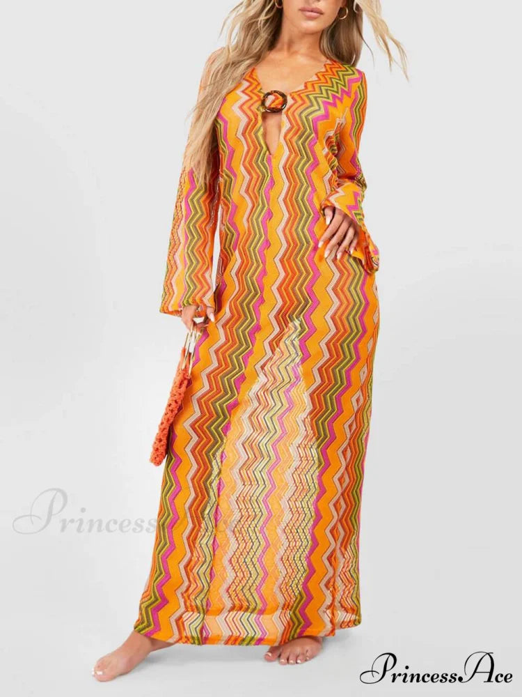 Orange Soda Stripe Print O-Ring Trendy Long Sleeve Beach Maxi Dress