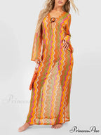 Orange Soda Stripe Print O-Ring Trendy Long Sleeve Beach Maxi Dress
