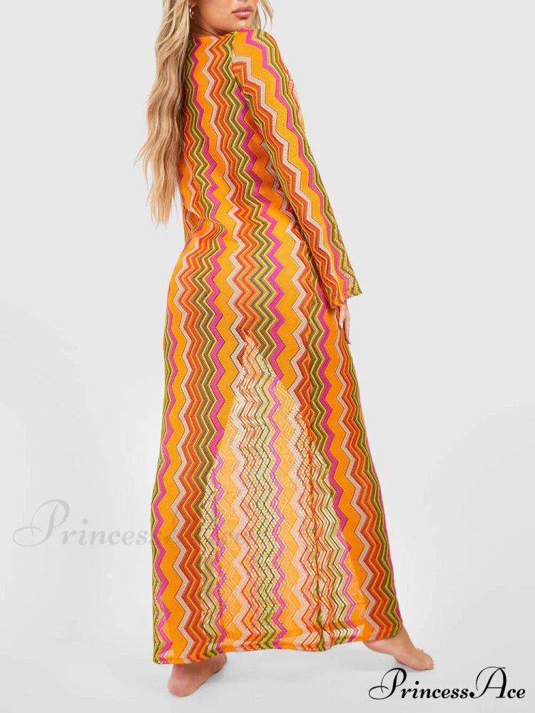 Orange Soda Stripe Print O-Ring Trendy Long Sleeve Beach Maxi Dress