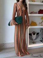 Orange Soda Stripe Print O-Ring Trendy Long Sleeve Beach Maxi Dress