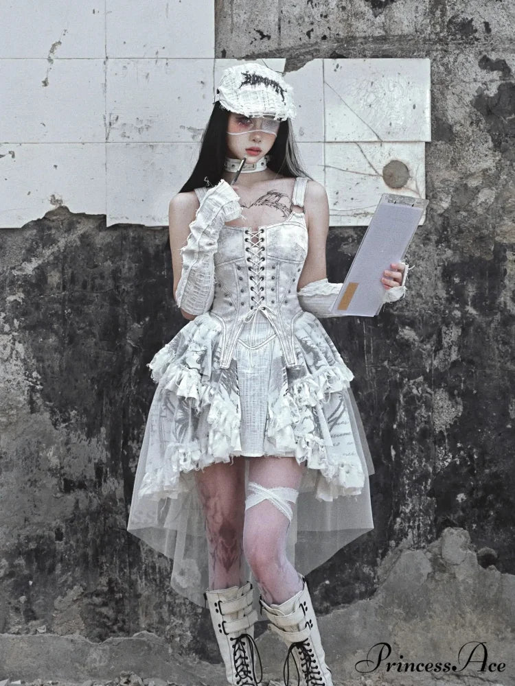 Original Madhouse Vintage Punk Niche Trailing Print Dress Gothic Light Lolita Suspender Dress