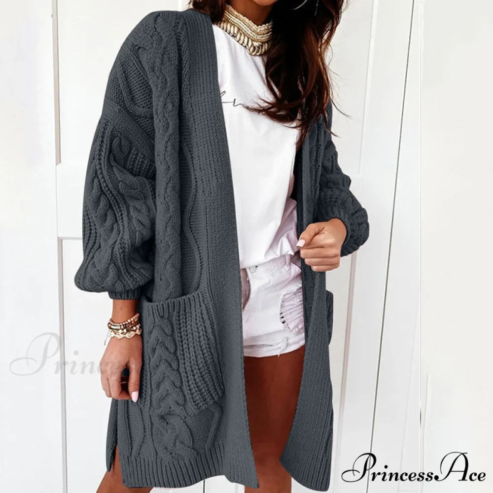Oversized Lantern Sleeve Knitted Sweater Warm Long Cardigan