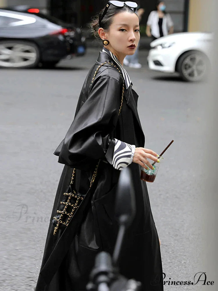 Oversized Long Black Soft Pu Leather Belt Double Breasted Luxury Korean Fashion Stylish Coat