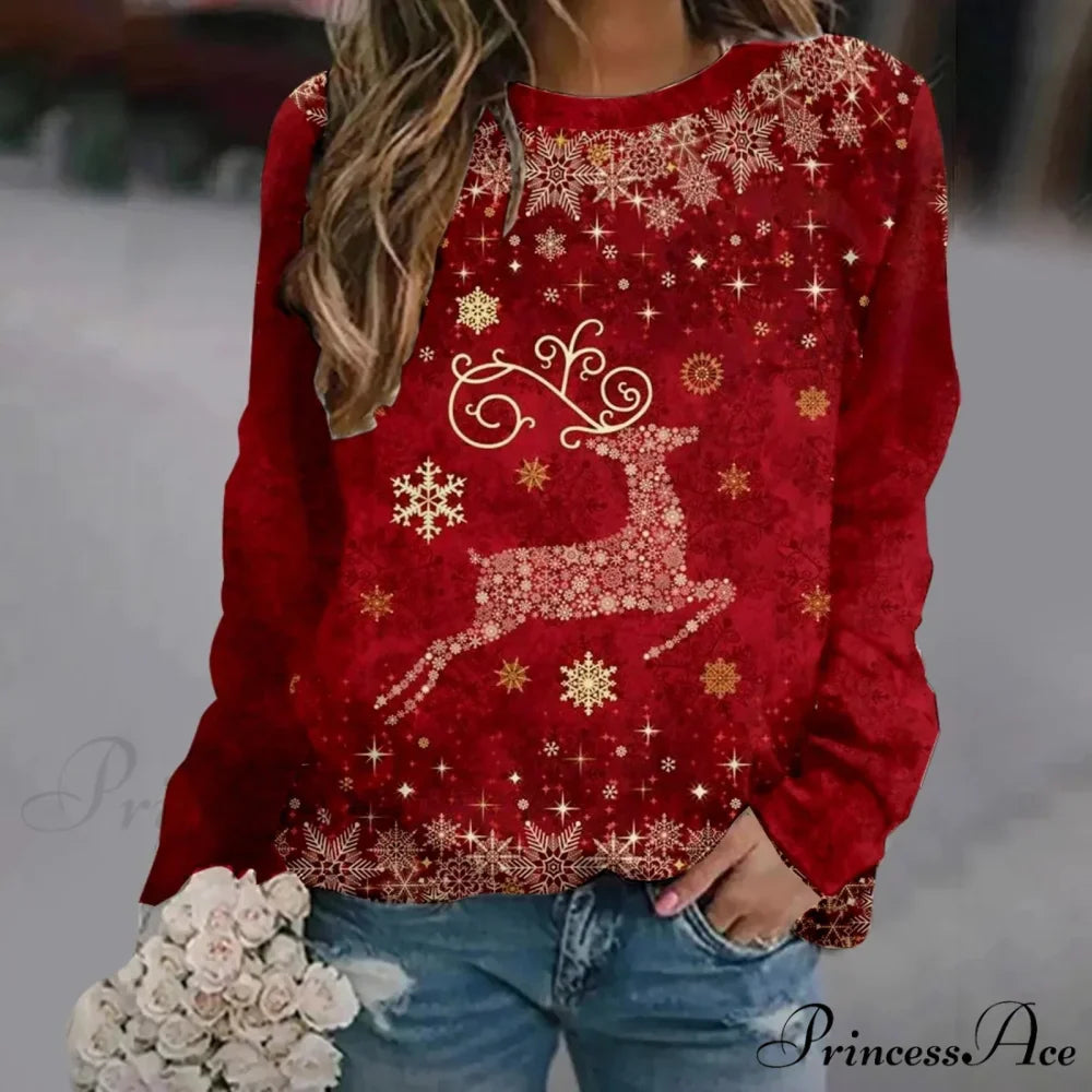 Oversized Print Crew Neck Soft Long Sleeve Casual Loose Y2K Winter Christmas Hoodie