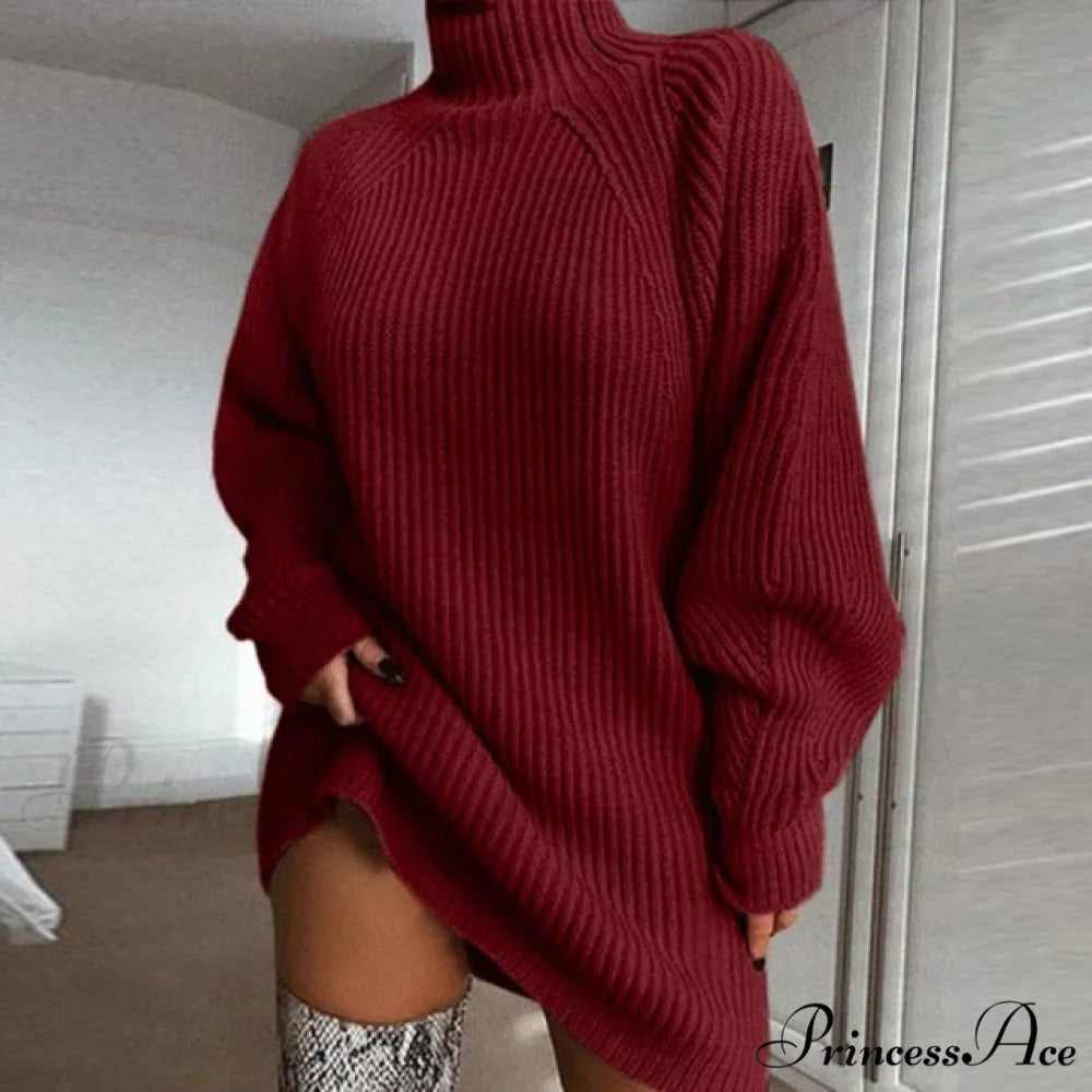 Oversized Solid Long Sleeve Elegant Mini Sweater Dress