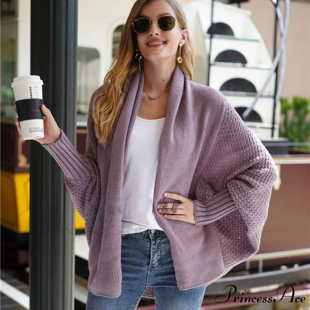 Oversized Sweater Knitted Patchwork Batwing Sleeves Cardigan