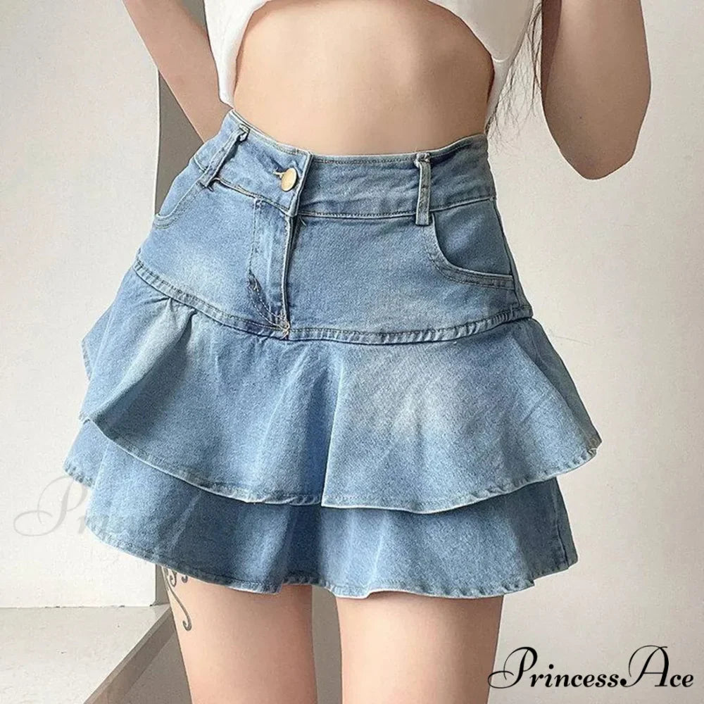 Pale Blue Frilled Denim Skirt
