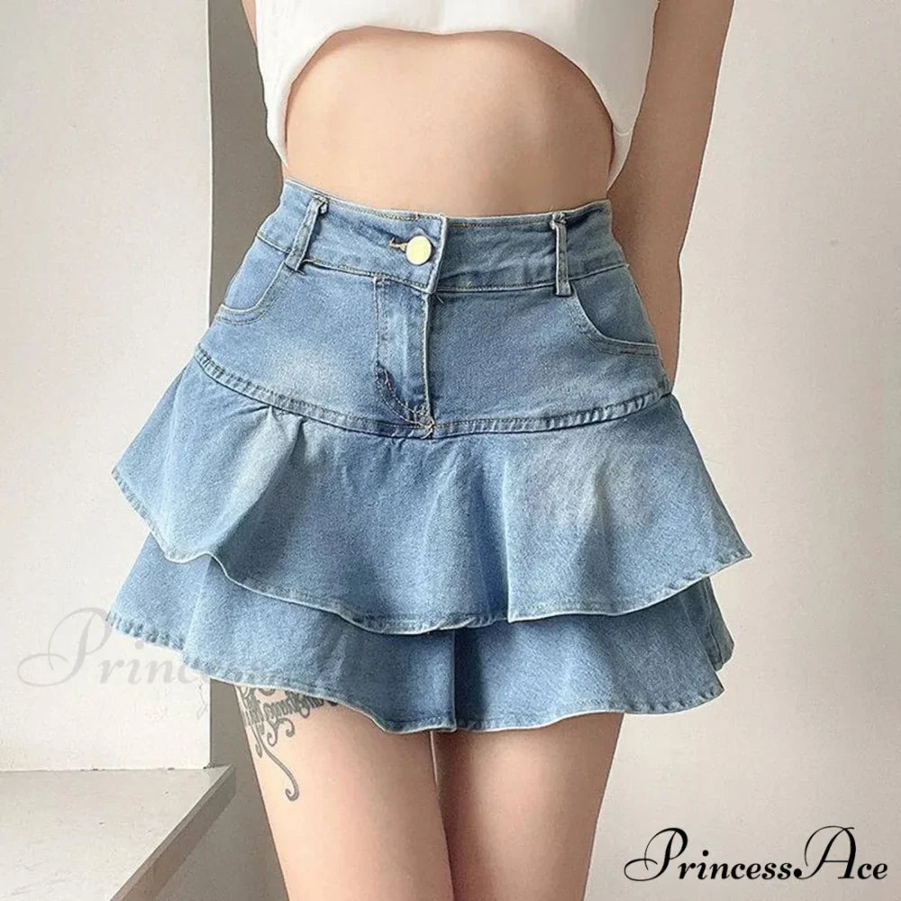 Pale Blue Frilled Denim Skirt