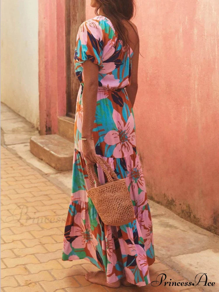 Palm Leaf Print Off-Shoulder Graceful Holiday Style Floral Dress