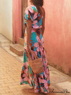 Palm Leaf Print Off-Shoulder Graceful Holiday Style Floral Dress