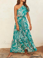 Palm Leaf Print Off-Shoulder Graceful Holiday Style Floral Dress