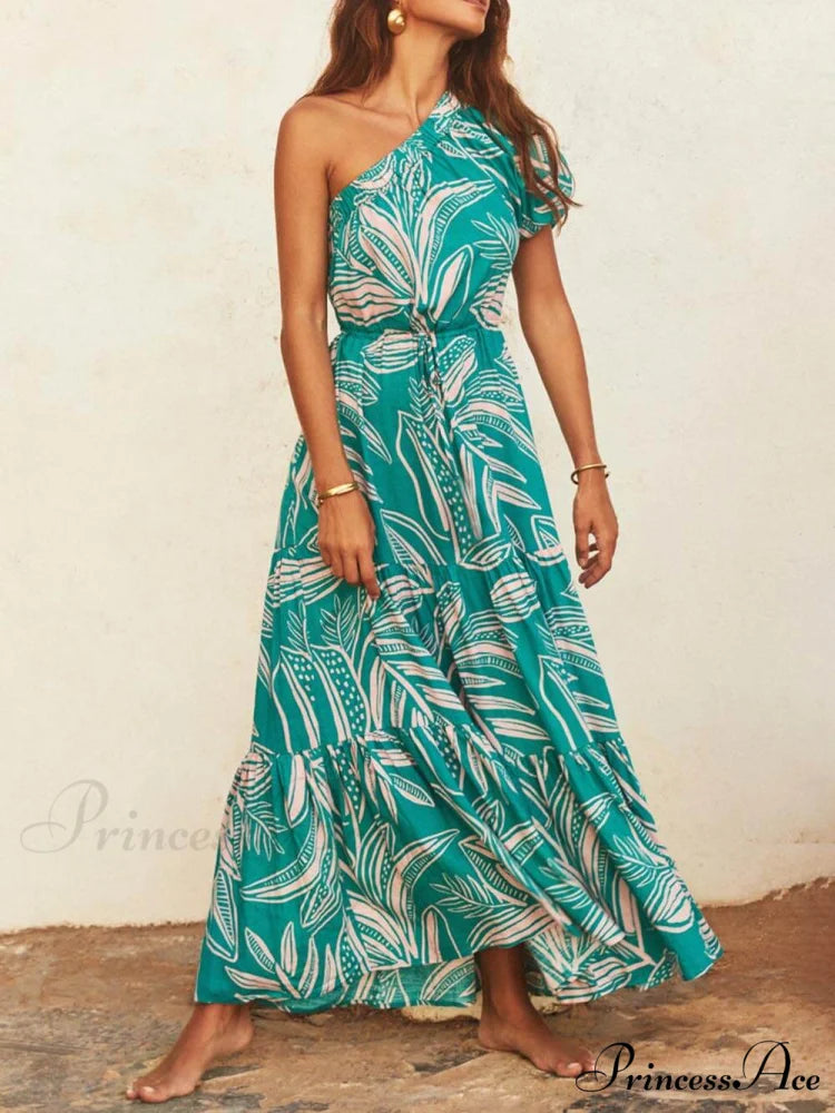 Palm Leaf Print Off-Shoulder Graceful Holiday Style Floral Dress