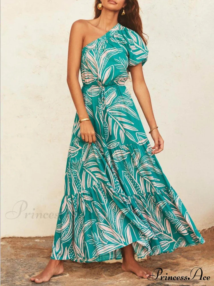 Palm Leaf Print Off-Shoulder Graceful Holiday Style Floral Dress