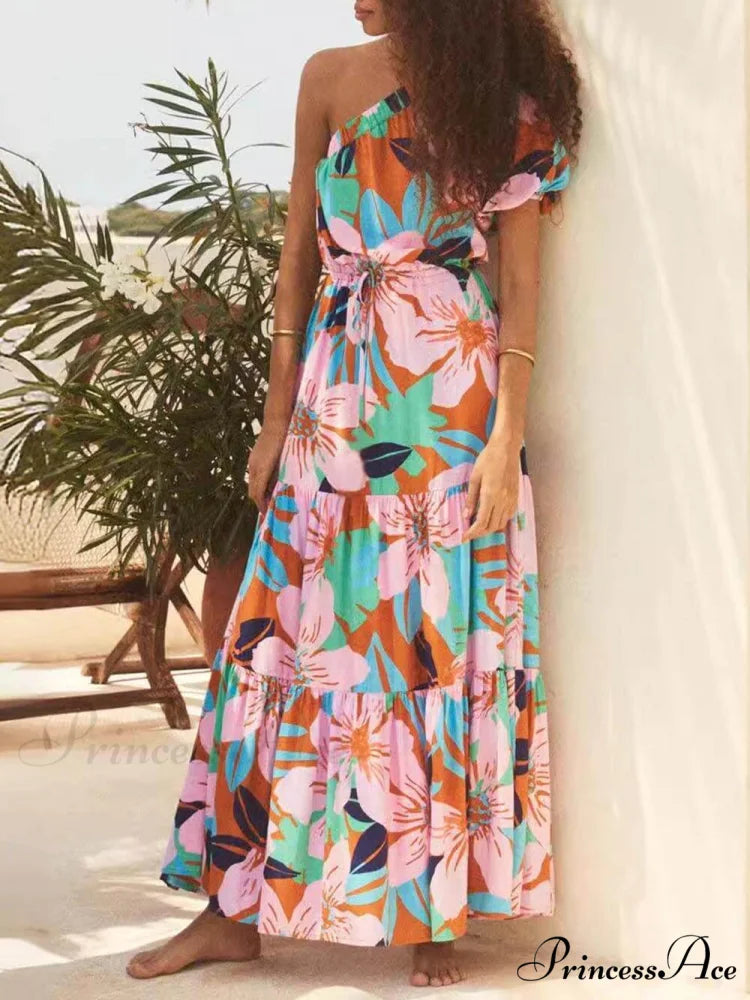 Palm Leaf Print Off-Shoulder Graceful Holiday Style Floral Dress