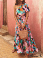 Palm Leaf Print Off-Shoulder Graceful Holiday Style Floral Dress