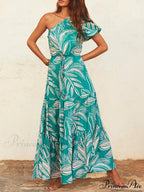 Palm Leaf Print Off-Shoulder Graceful Holiday Style Floral Dress
