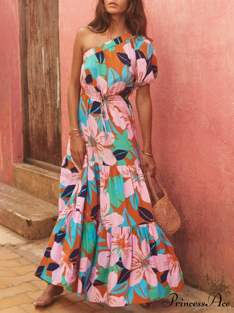 Palm Leaf Print Off-Shoulder Graceful Holiday Style Floral Dress