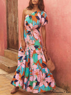 Palm Leaf Print Off-Shoulder Graceful Holiday Style Floral Dress