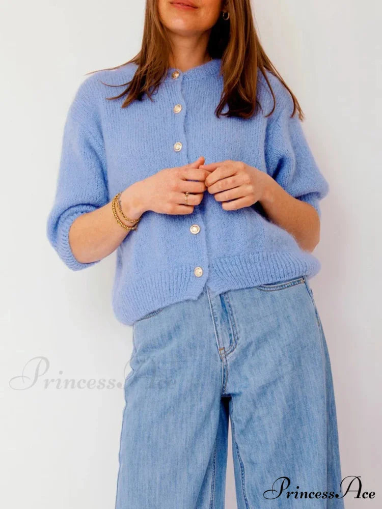Partial Sleeve Round Neck Button-Up Knitted Cardigan