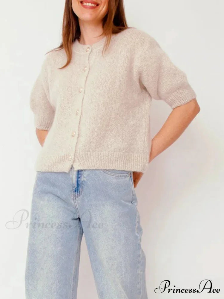 Partial Sleeve Round Neck Button-Up Knitted Cardigan