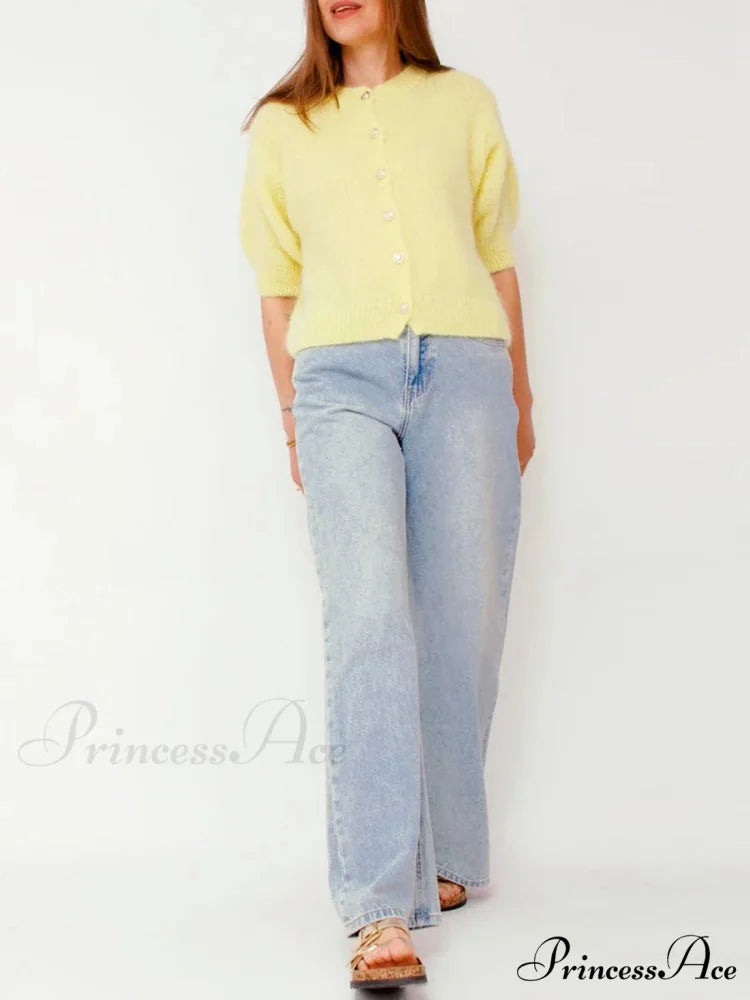 Partial Sleeve Round Neck Button-Up Knitted Cardigan