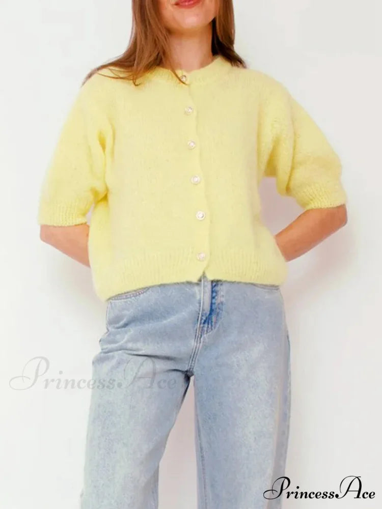 Partial Sleeve Round Neck Button-Up Knitted Cardigan