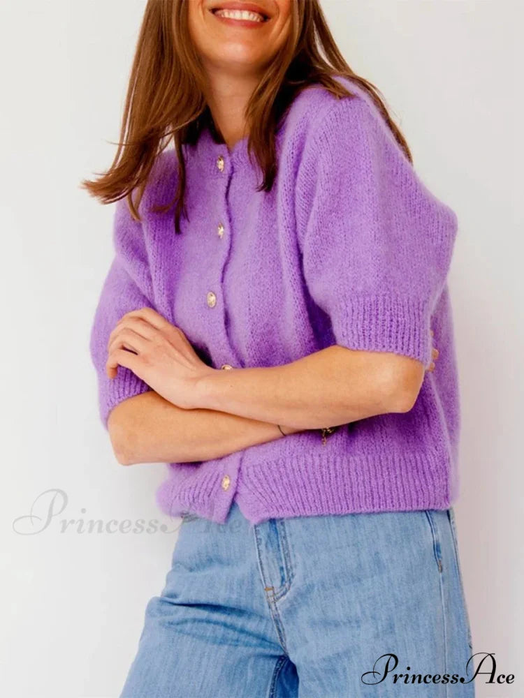 Partial Sleeve Round Neck Button-Up Knitted Cardigan