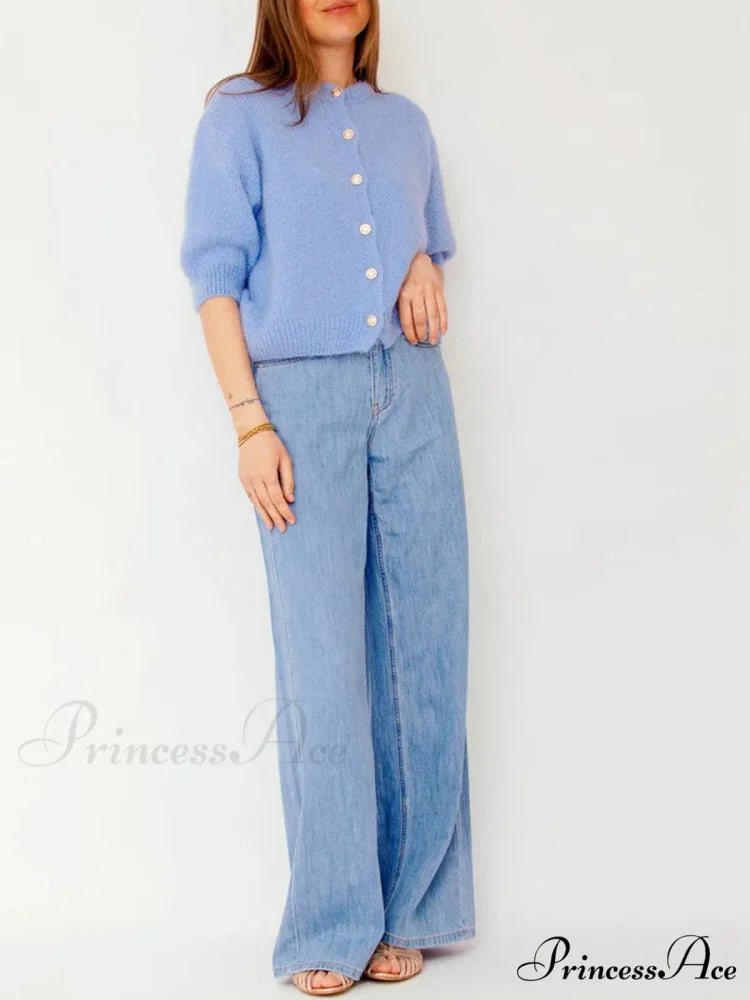 Partial Sleeve Round Neck Button-Up Knitted Cardigan