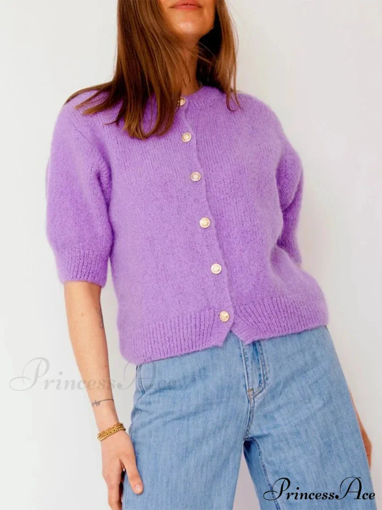 Partial Sleeve Round Neck Button-Up Knitted Cardigan