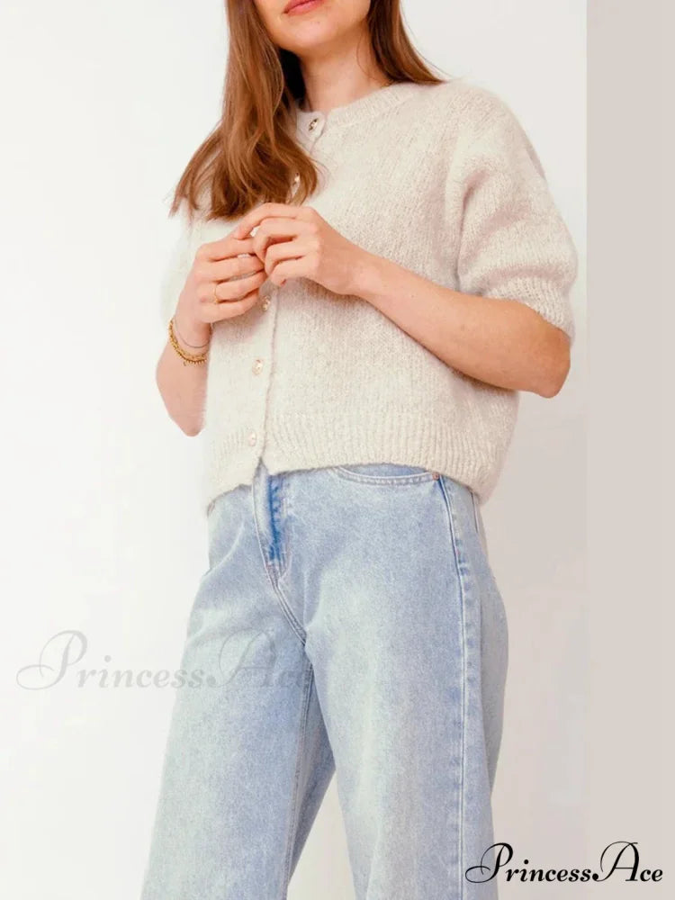 Partial Sleeve Round Neck Button-Up Knitted Cardigan