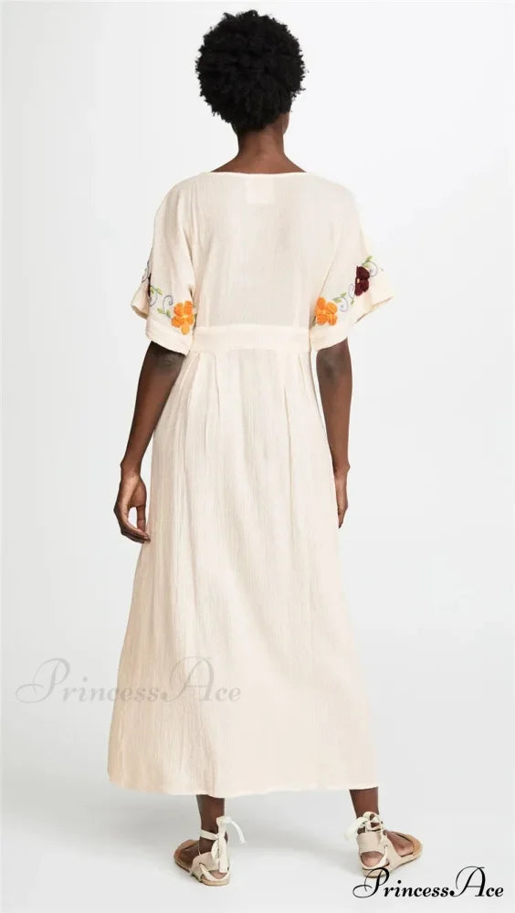 Passionate Floral Stitching Ivory Cotton Boho Dress